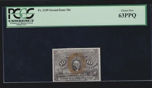 US 10c Fractional Currency 2nd Issue 18-63 & T-1 Fiber Paper FR 1249 PCGS 63 PPQ - Picture 1 of 2