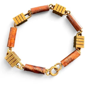 Bracciale Vintage Anni '70 Barile Legno Perline Oro Tono - Gioielli anni '70 - Foto 1 di 6
