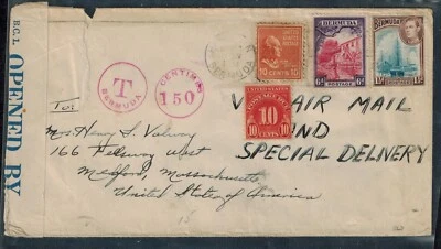 WWII Bermuda Censor Cover 1941 w/ CL 3 #393 Tape & Postage Due Markings - Image 1 of 2
