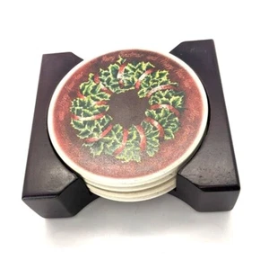 Christmas COASTER Set of 4 Ceramic with Wooden Holder Dark Wood Red Green - Picture 1 of 5