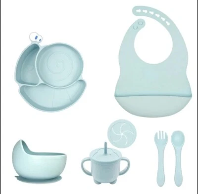 Baby Geschirrset Silikon Teller & Schüssel, Lätzchen, Löffel, Becher 8 tlg. - Bild 1 von 4
