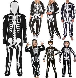 Unisex Hooded Long Sleeve Skeleton Print Playsuit Zip Up Halloween Costume - Picture 1 of 9