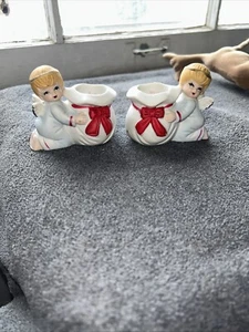 2 Vtg Porcelain Christmas Angel  Candle Holders  Taiwan - Picture 1 of 9
