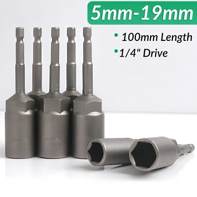 Hex Nut Driver Set 5mm to 19mm Metric Socket Impact  Adapter Drill Bits 1/4" - Image 1 of 4