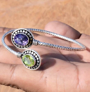 Faceted Amethyst & Peridot Cut Gemstone 925 Sterling Silver Men's Cuff Bangle - Picture 1 of 8