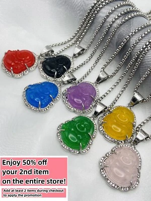 Collar Colgante Buda Jade Chapado en Oro Blanco 18K Cristal Dije Cadena Hip Hop Foto 1 de 4