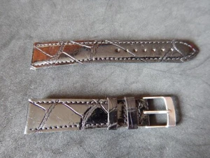 20 mm BRACELET CROCODILE VÉRITABLE NOIR BRILLANT FAIT MAIN 16 mm À LA BOUCLE - Imagen 1 de 13