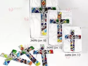 N.1 CROCE CROCIFISSO PENSILE CM.11 H in VETRO di MURANO con FOGLIA ARGENTO 34094 - Foto 1 di 1