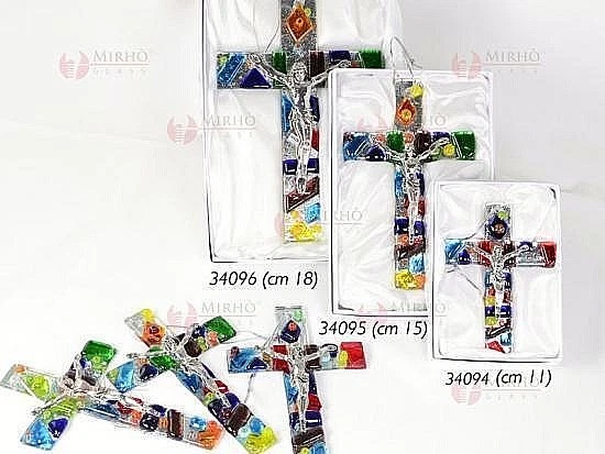 N.1 CROCE CROCIFISSO PENSILE CM.11 H in VETRO di MURANO con FOGLIA ARGENTO 34094 - Immagine 1 di 1