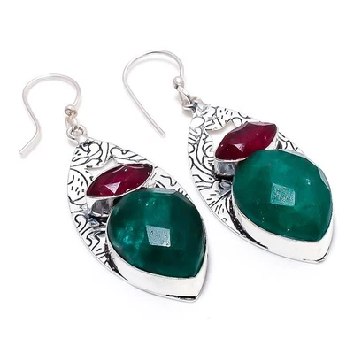 Greensimulated, Rosso Giada Gemma 925 Argento Sterling Gioielli Orecchino 6cm - Immagine 1 di 4