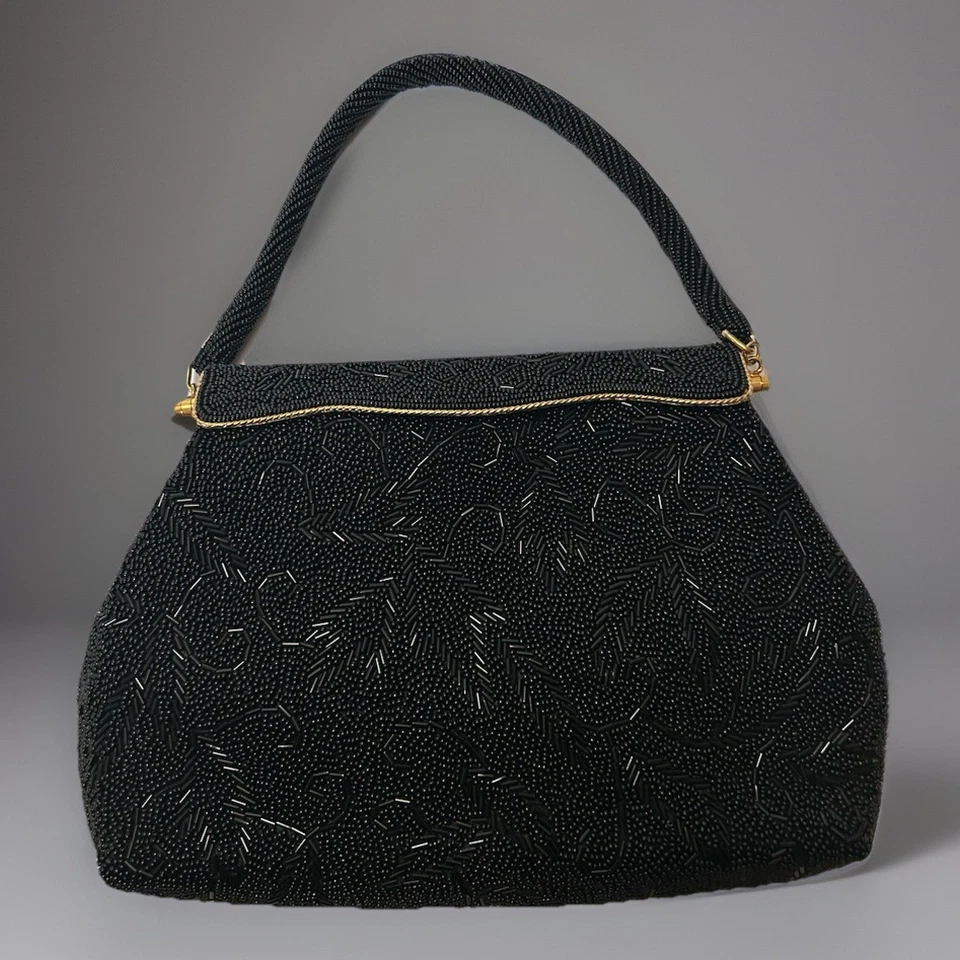 Vintage Black Bead Evening Bag  W/Scalloped Closure-Handmade Hong Kong 7"x 10” - Image 1 of 4
