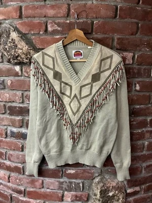 Suéter Tejido Gamuza Cuello en V Borla Cuentas Miller Años 70 80 De Colección Talla XL Vaquero Foto 1 de 4