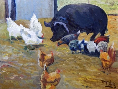 cerdo y pollos siembra impresionismo realista pintura al óleo paisaje Tom Fisher Foto 1 de 4