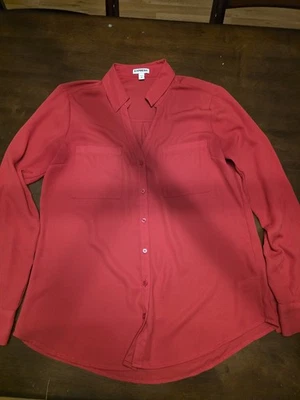 Express Women's Shirt Portofino Button Up Red V-Neck Roll Tab Blouse Top M  - Image 1 of 4