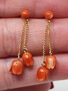 Orecchini pendenti vintage oro giallo 14 kt corallo doppia rosa - Foto 1 di 4