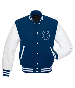 Chaqueta Universitaria NFL Indianapolis Colts Cuerpo Azul Real Cuero Blanco Para Hombres Talla M - Imagen 1 de 5