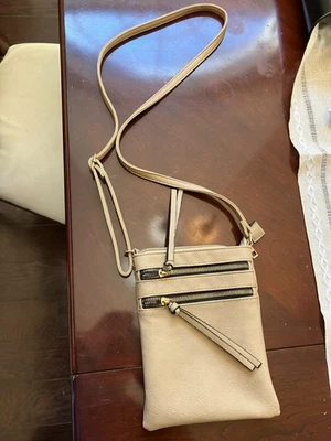 Vegan Suede Leather Crossbody Bag Taupe tan Purse Multi Zip Pockets - Image 1 of 4