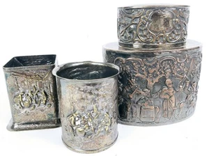 ANTIQUE EG WEBSTER & SON SILVER PLATED REPOUSSE TEA CADDY OR SMOKING SET DENMARK - Picture 1 of 20