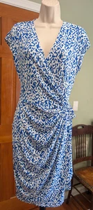 Maggy London Size 10 Blue & White Cap Sleeve True Wrap Dress Geometric Pattern - Picture 1 of 10