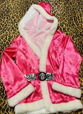 Santa Jacket-Hot Pink Satin With White Fur Trim and black and white pattern belt - Image 1 of 2