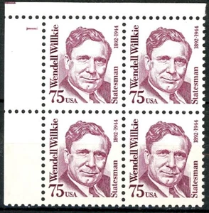 Wendell Willkie Shiny Gum Mottled Tag Plate Block of 4 Pl 1 MNH Scott's 2192A - Picture 1 of 2