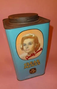 VTG GREECE CYPRUS 'CLEAR MINTS Ltd QUALITY SWEETS' BIG TIN SWEET CAN BOX 1960's - Picture 1 of 8