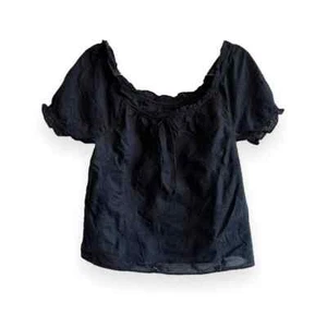 J. Blusa negra de cuello cuadrado redondo bordada ojales detalle talla pequeña - Imagen 1 de 13