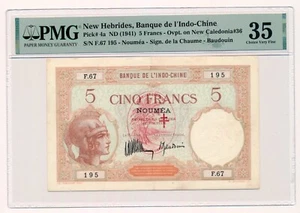NEW HEBRIDES banknote 5 Francs 1941 Chaume-Baudoin signiture PMG VF 30 Very Fine - Picture 1 of 7