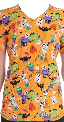 Scrubstar Women's Orange Halloween Scary Sweets Scrub Top Multicolor Size S NEW - Image 1 of 4
