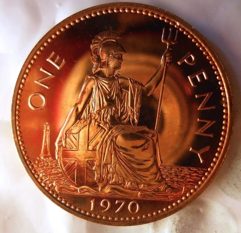 1970 GREAT BRITAIN PENNY - Great PROOF Coin - FREE SHIP - Britain Bin PR Cover