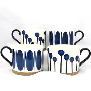 Mugs Coffee Tea Blue White 12oz Hand Painted Modern Set of 4 LEAVES SPROUTS - Picture 1 of 13