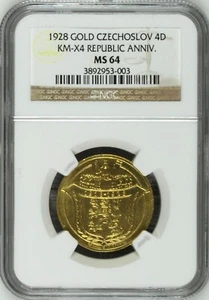 CZECHOSLOVAKIA - CZECH REP , GOLD 4 DUCATS 1928 KREMNICA MINT NGC MS 64 , RARE1 - Picture 1 of 2