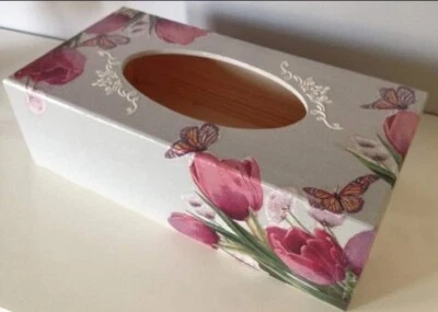 Tulips Flowers Rectangular Long Tissue Box Cover Handcrafted wooden decoupaged - Image 1 of 2