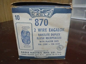 EAGLE 10A 250V - 15A 125V DUPLEX RECEPTACLE 2 WIRE EAGALOK 870 w/ PLASTER EARS - Picture 1 of 4
