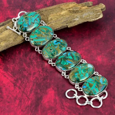 Brazalete de joyería de plata de ley 925 hecho a mano con piedras preciosas de azurita malaquita de cobre Foto 1 de 4