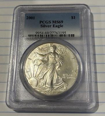 2001 AMERICAN SILVER EAGLE 1oz .999 FINE SILVER PCGS GRADED MS69 WITH MILK SPOTS - Image 1 of 4