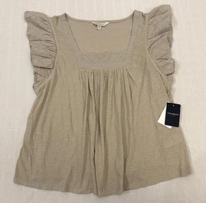 Lucky Brand Taupe Peasant Top Flutter Sleeve Square Neck Embroidered New M - Picture 1 of 12