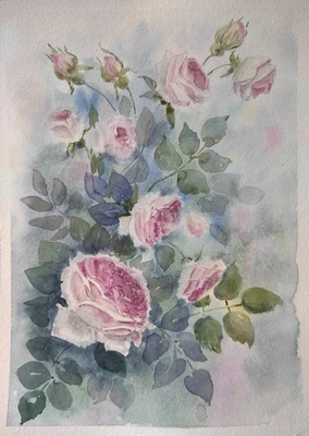 Original Artwork Painting Landscape Flower VINTAGE PINK ROSES Floral Art Gift A4 - Image 1 of 4