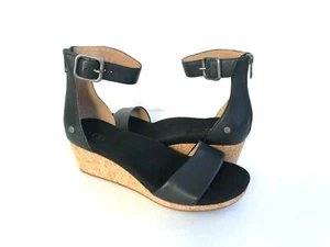 UGG ZOE II BLACK WEDGE ANKLE STRAP HEEL SHOE size US 8 / EU 39 / UK 6 - Picture 1 of 5