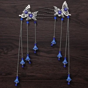 1 Pair Flower Butterfly Tassels Stick Hairpin Step Shake Headwear Antique Style - Picture 1 of 15