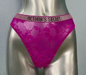 Victorias Secret Nwt Very Sexy Very Fuchsia Lace Shine Logo Mid Rise Thong Panty - Picture 1 of 3