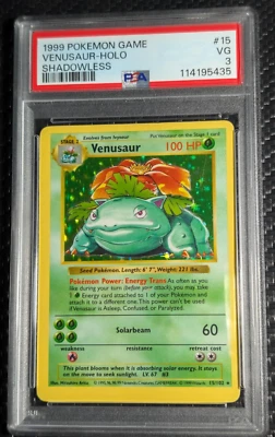 1999 Shadowless Venusaur #15 Holo Rare Base Set Pokemon Card PSA 3 VG - Image 1 of 3