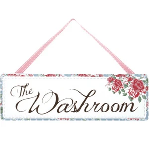 FLORAL WASHROOM WOODEN HANGING Cottage Home Rose Decoration Hanger Plaque Sign - Picture 1 of 3