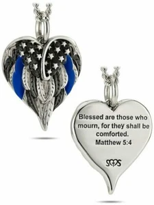 Thin Blue Line Stainless Flag Heart Necklace-Matthew 5:4 Shields of Strength - Picture 1 of 4