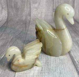 Onyx Stone Swan And Cygnet Hand Carved Figurines - Picture 1 of 11