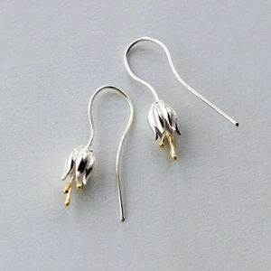 Pendientes colgantes de gancho de gota con flores de plata esterlina 925 A1558 - Imagen 1 de 3