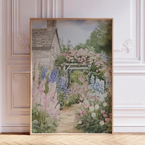 Rosa Aquarell Blumen Cottagecore Bauernhaus Blumengarten Wandkunstdruck Poster - Bild 1 von 5