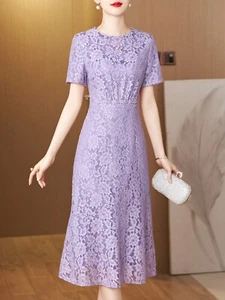 Elegant Lace Wedding Bridesmaid Dress Round Neck Short Sleeve Purple Dress Party - Picture 1 of 9