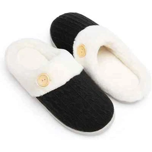 Womens US 8-9 Black Knitted Slippers Warm Comfy House Shoes Faux Fur Lined Memor - Picture 1 of 6
