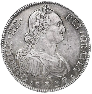 Guatemala Silver Bust 8 Reales Charles IV 1797 M w/ 1950s Collector's Envelope - Image 1 of 3